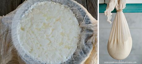 Leche cuajada y colando el cuajo para elaborar requeixo de leche cruda Leche cuajada y colando el cuajo para elaborar requeixo de leche cruda