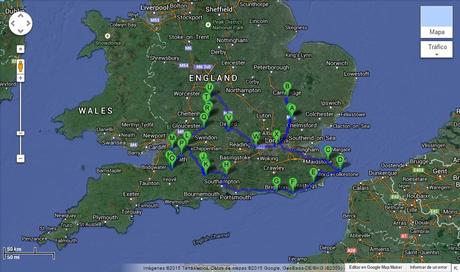 Mapa: itinerario 13 días por el sur de Inglaterra Mapa: itinerario 13 días por el sur de Inglaterra