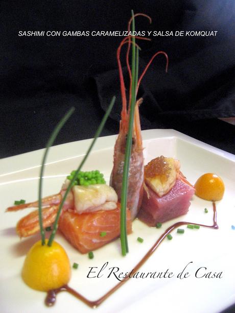 SASHIMI CON GAMBAS CARMELIZADAS Y SALSA DE KUMQUAT