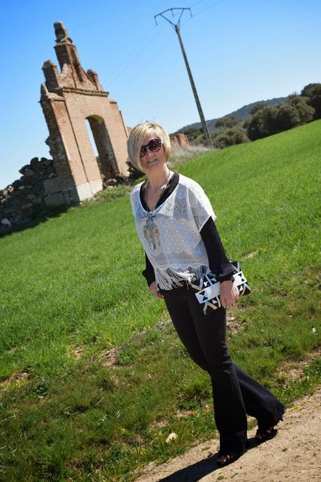 fringed crop top oversize flared pants black and white seventies fringed crop top oversize flared pants black and white seventies