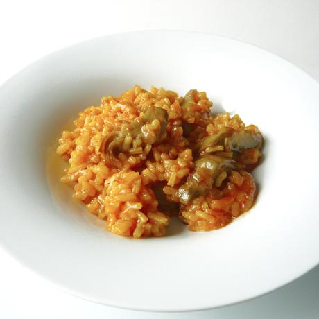 Arroz meloso con alcachofas al toque de gambas al ajillo