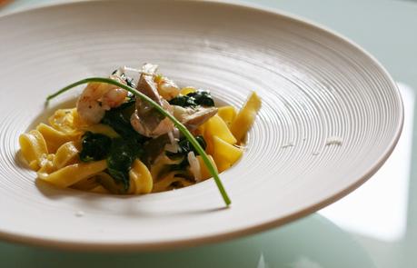 Tagliatelle con Espinacas, Setas y Gambas Tagliatelle con Espinacas, Setas y Gambas