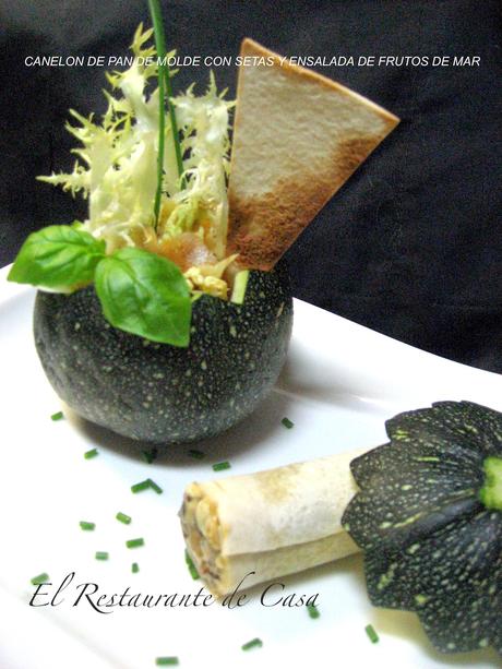 CANELÓN DE PAN DE MOLDE CON SETAS Y ENSALADA DE AHUMADOS