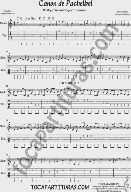 Tocapartituras Canon de Pachelbel Tablatura en do mayor del punteo para guitarra Tabs