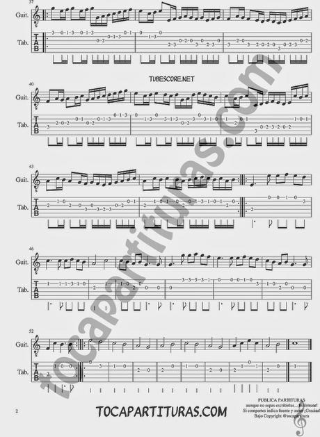 Tocapartituras Canon de Pachelbel Tablatura en do mayor del punteo para guitarra Tabs