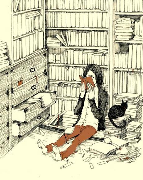 Donde leo y como leo ?? A reader lost in the stacks with her cat by 渡