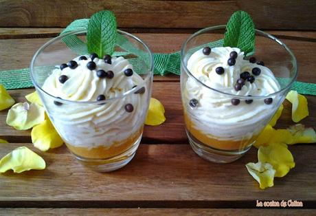 Mousse de chocolate blanco con fondo de coulis de nísperos Mousse de chocolate blanco con fondo de coulis de nísperos