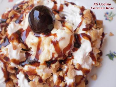 HOJALDRE CON HELADO, NATA, CARAMELO, CACAHUETES TOSTADOS Y CEREZA EN AGUARDIENTE HOJALDRE CON HELADO, NATA, CARAMELO, CACAHUETES TOSTADOS Y CEREZA EN AGUARDIENTE
