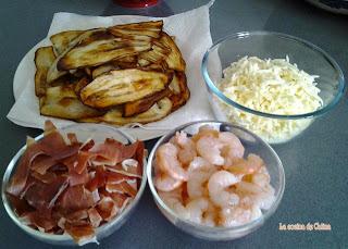 Berenjenas a la crema con gambas y jamón. Berenjenas a la crema con gambas y jamón.