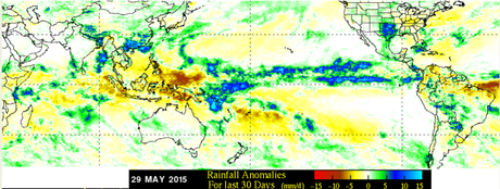 Anomalía de las precipitaciones durante mayo 2015. Fuente: NASA-TRMM