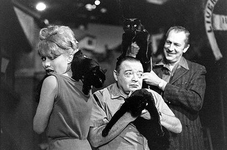 Joyce Jameson, Peter Lorre, Vincent Price con un gato negro