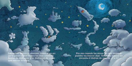 “¿Dónde está tu nube?, por David Fernández (texto) y Santiago Verdugo (ilustraciones) Doble página del libro