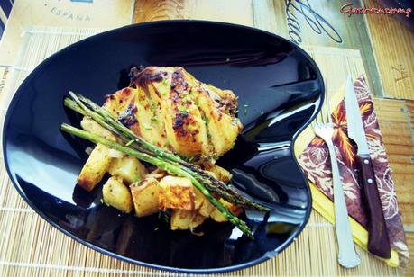 Pollo de campo con patatas al limón y espárragos trigueros Pollo de campo con patatas al limón y espárragos trigueros