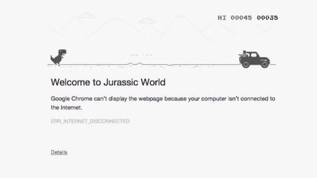 El dinosaurio pixelado de Google Chrome convertido en soporte publicitario para “Jurassic World”