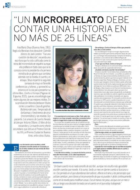 Queridos, celebrando la próxima edición argentina de Temporada de fantasmas, os dejamos la reciente entrevista que Diario de Avisos hizo a la reina del microrrelato, Ana María Shua, tras su paso por España. Esperamos que os guste. Shua-Diario-de-Avisos_1