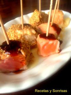 ATÚN Y SALMÓN EN TEMPURA CON MAYONESA AROMATIZADA EN WASABI Y REDUCCIÓN DE SALSA DE SOJA ATÚN Y SALMÓN EN TEMPURA CON MAYONESA AROMATIZADA EN WASABI Y REDUCCIÓN DE SALSA DE SOJA