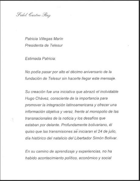 Carta de felicitación de Fidel Castro a TeleSur por décimo aniversario