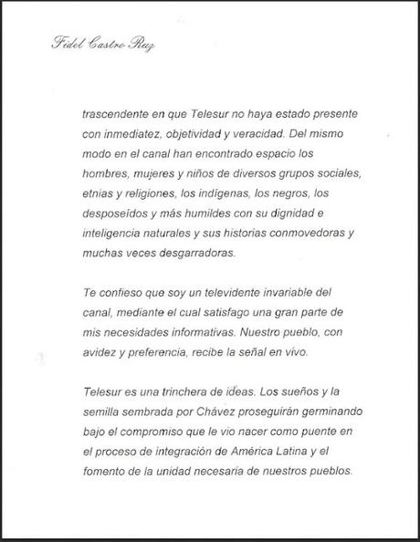 Carta de felicitación de Fidel Castro a TeleSur por décimo aniversario