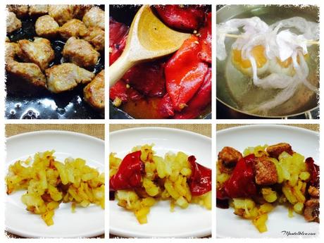 Fritada de patatas con carne adobada y huevo roto Fritada de patatas con carne adobada y huevo roto