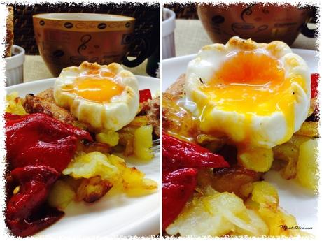 Fritada de patatas con carne adobada y huevo roto Fritada de patatas con carne adobada y huevo roto