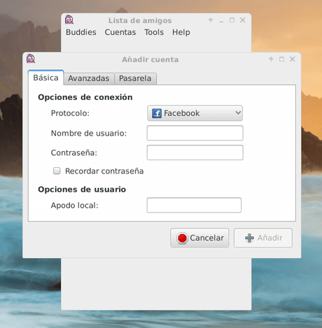Chat de Facebook en Pidgin agregar cuenta