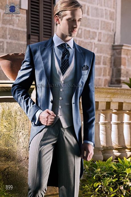 Chaqué azul para tu boda Traje de novio italiano a medida chaqué azul con pantalón diplomático gris, modelo 899 Ottavio Nuccio Gala colección Gentleman 2015.