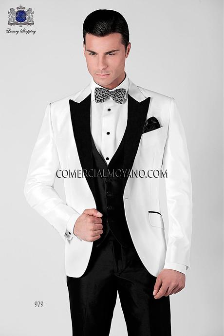 Traje de novio italiano esmoquin blanco a medida en seda Shantung con pantalón negro a contraste, modelo 979 Ottavio Nuccio Gala colección Black Tie.