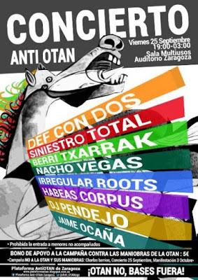 Concierto anti-OTAN en Zaragoza con Siniestro Total, Nacho Vegas, Berri Txarrak, Def Con Dos, Habeas Corpus... Concierto anti-OTAN en Zaragoza con Siniestro Total, Nacho Vegas, Berri Txarrak, Def Con Dos, Habeas Corpus...
