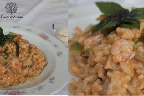 RISOTTO DE GAMBAS, ALCACHOFAS, CALABACÍN Y SETAS, CON AOVE RISOTTO DE GAMBAS, ALCACHOFAS, CALABACÍN Y SETAS, CON AOVE