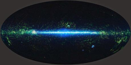 Mosaico de imágenes del cielo tomadas en luz visible e infrarrojos. El disco central es nuestra propia galaxia, que vemos desde el lado.