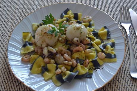 Parpadelle con Sepia y Gambas