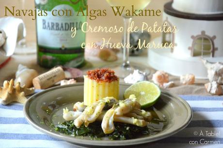 Navajas con Algas Wakame y Cremoso de Patata con Hueva Maruca