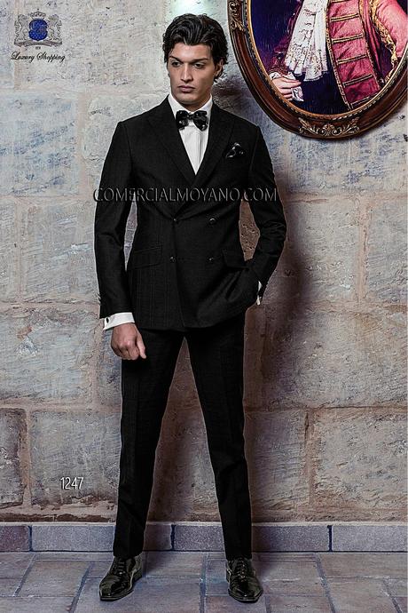 Traje de novio italiano a medida esmoquin negro en tejido 100% lana (NW) cuadros madrás, modelo 1247 Ottavio Nuccio Gala colección Black Tie 2015.