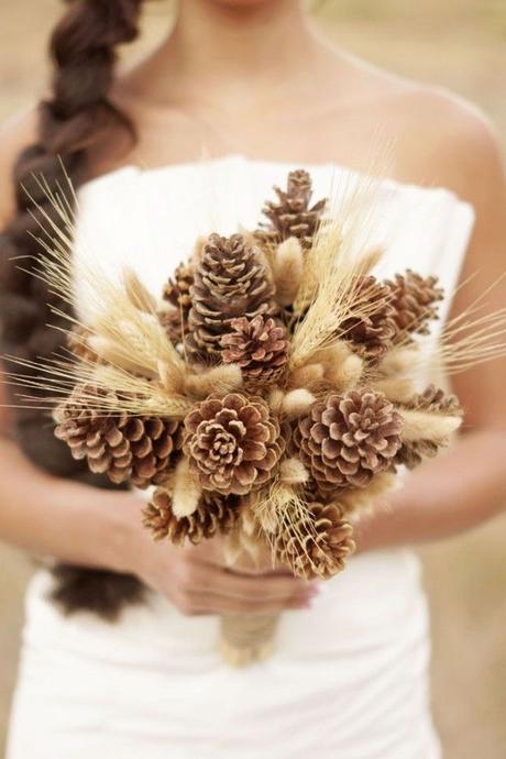 wheat and pine cone bouquet {Park City Utah Rustic Wedding Inspiration} I personally think this needs some flowers, some daisies or maybe roses or baby's breath to round it out and make it less harsh.: 