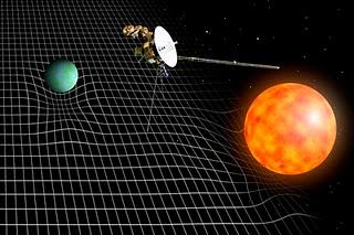 Ilustración que muestra la sonda Pioneer y la deformación del espacio-tiempo producida por una estrella y un planeta