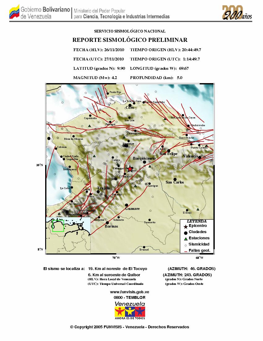 Viernes 26 de noviembre: Sismo de 4,2 se registró en el estado Lara. El Tocuyo también