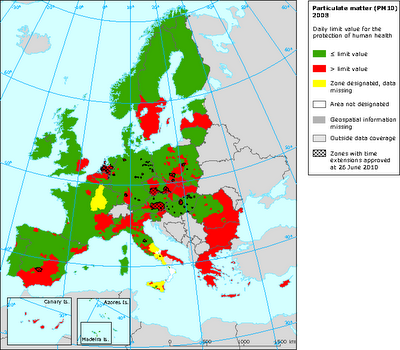 Mapa del valor límite diario de PM10 para protección de la salud (Europa, 2008)