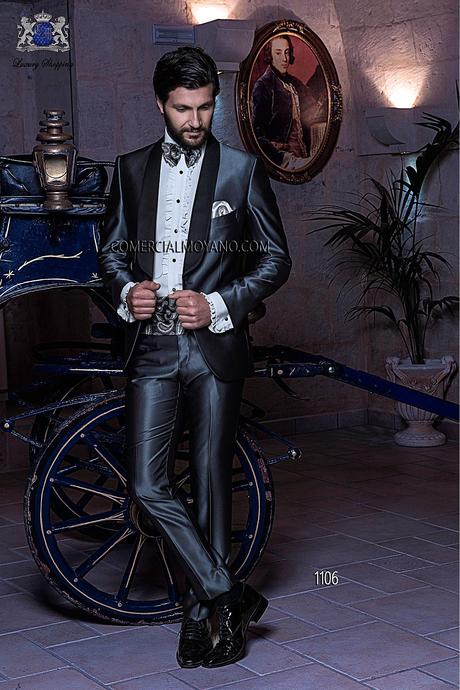 Traje de novio italiano esmoquin gris a medida en tejido new performance con solapa chal de raso negro, modelo 1106 Ottavio Nuccio Gala colección Black Tie 2015.