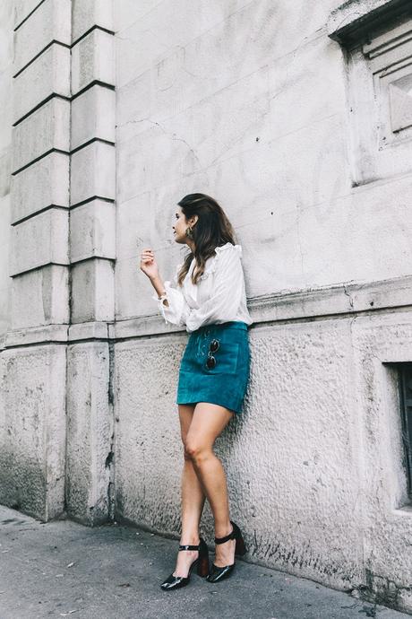 Turquoise Suede Mini_Suede_Skirt-Lace_Up_Skirt-Turquoise-Bow_Blouse-Mary_Jane_Shoes-Topshop-Outfit-Street_Style-23