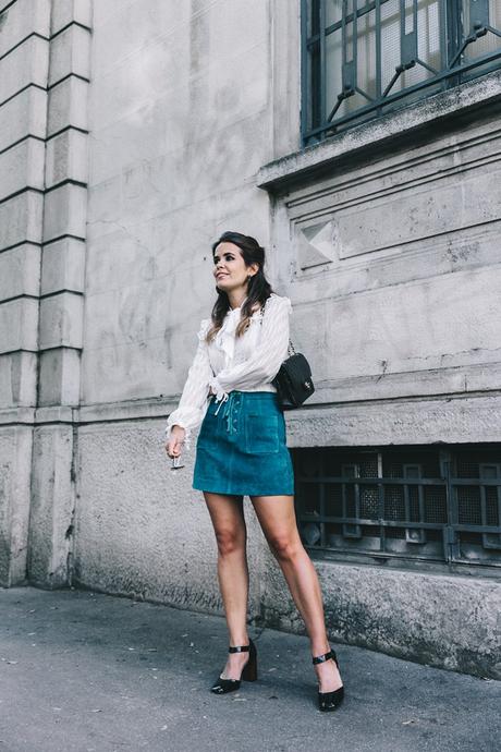 Turquoise Suede Mini_Suede_Skirt-Lace_Up_Skirt-Turquoise-Bow_Blouse-Mary_Jane_Shoes-Topshop-Outfit-Street_Style-6