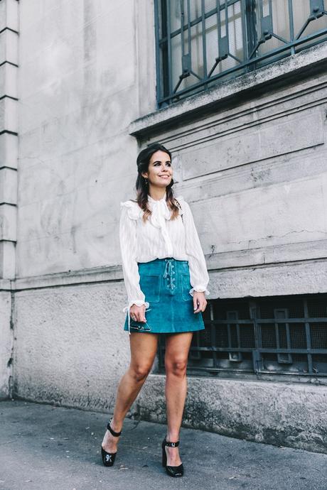 Turquoise Suede Mini_Suede_Skirt-Lace_Up_Skirt-Turquoise-Bow_Blouse-Mary_Jane_Shoes-Topshop-Outfit-Street_Style-1