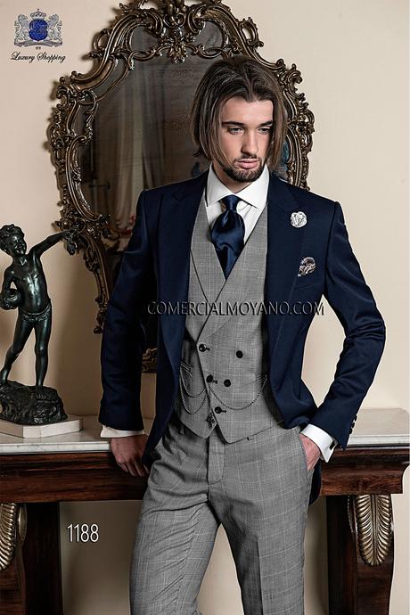 Chaqué azul italiano. EL conjunto esta formado por levita azul tinta con pantalón gris príncipe gales, modelo 1188 Ottavio Nuccio Gala colección Gentleman.