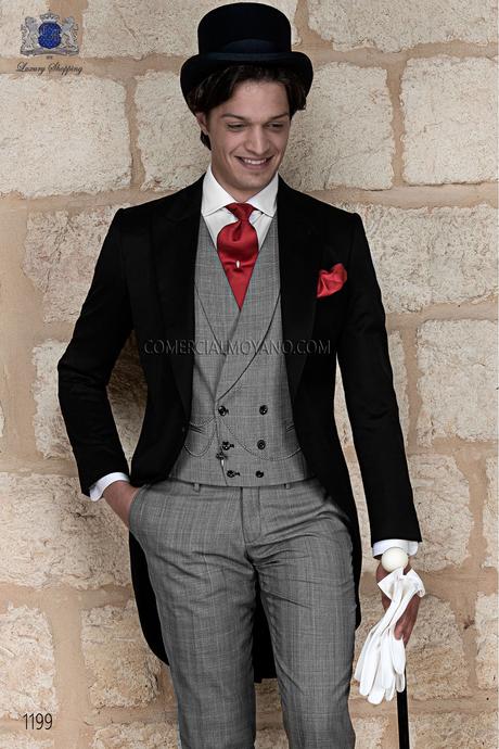 Traje de novio chaqué italiano a medida levita negra, pantalón príncipe de gales en gris modelo 1199 Ottavio Nuccio Gala colección Gentleman.