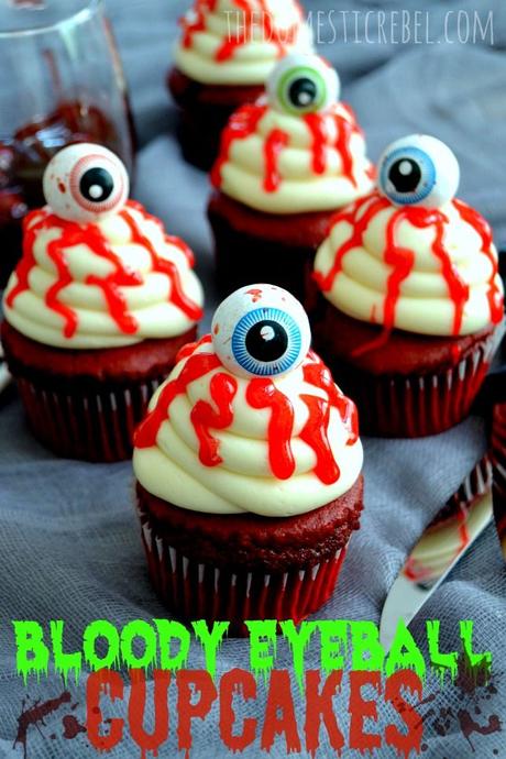 Gory and creepy, yet frighteningly delicious, these Bloody Eyeball Cupcakes aren't for the faint at heart to look at, but the crowd-pleasing combo of red velvet cake with cream cheese icing will win over any scaredy-cat!: 