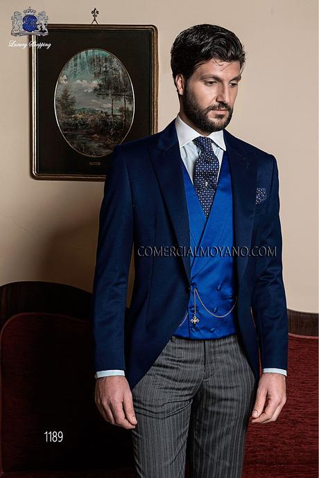 Traje de novio italiano a medida levita azul con pantalón diplomático gris, modelo 1189 Ottavio Nuccio Gala colección Gentleman.