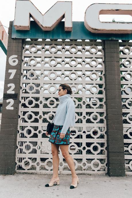 Hollywood Center Floral_Skirt-Blue_Knit-Light_Blue-Chanel_Shoes-Chanel_Bag-Outfit-LA-3