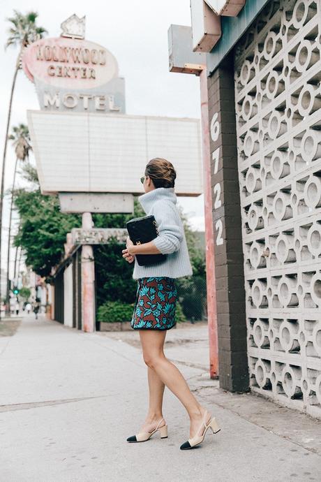 Hollywood Center Floral_Skirt-Blue_Knit-Light_Blue-Chanel_Shoes-Chanel_Bag-Outfit-LA-25