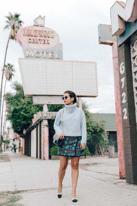 Hollywood Center Floral_Skirt-Blue_Knit-Light_Blue-Chanel_Shoes-Chanel_Bag-Outfit-LA-4