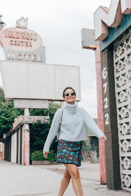 Hollywood Center Floral_Skirt-Blue_Knit-Light_Blue-Chanel_Shoes-Chanel_Bag-Outfit-LA-6