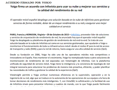 Acuerdo de Yoigo firmado con Infovista mejoran los Servicios de la Red de Telefonia